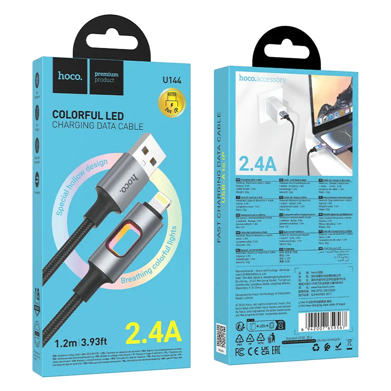 Cavo Dati e Ricarica USB-A - Lightning HOCO U144 Led, 18W, 1.2m, Nero