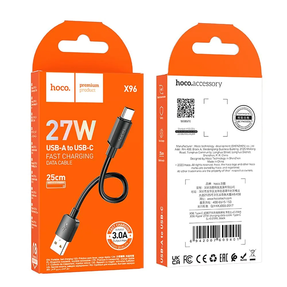 Cavo Dati e Ricarica USB-A - USB-C HOCO X96, 27W, 0.25m, Nero