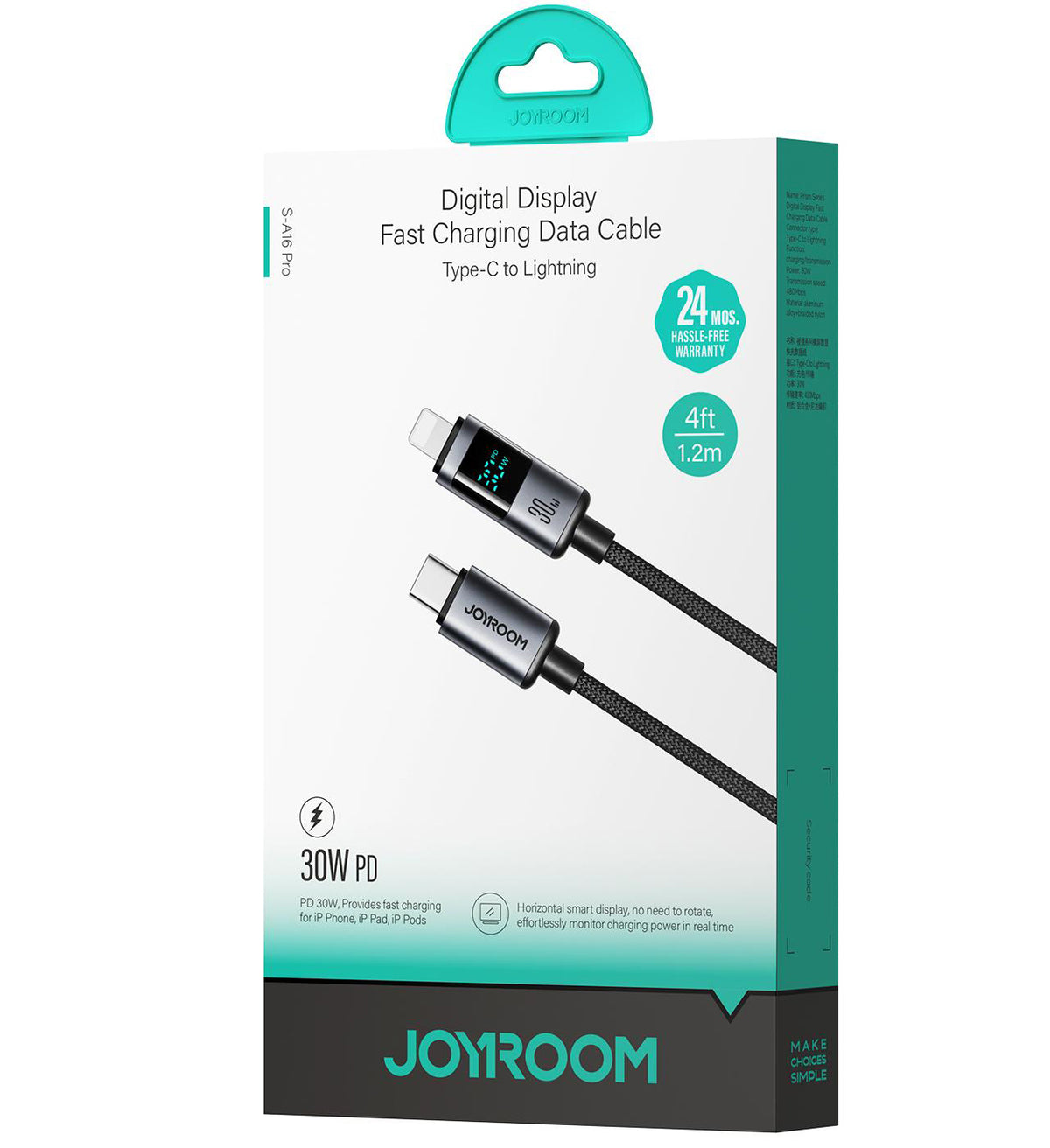 Cavo Dati e Ricarica USB-C - Lightning Joyroom S-A16 Pro Prism Display, 30W, 1.2m, Nero