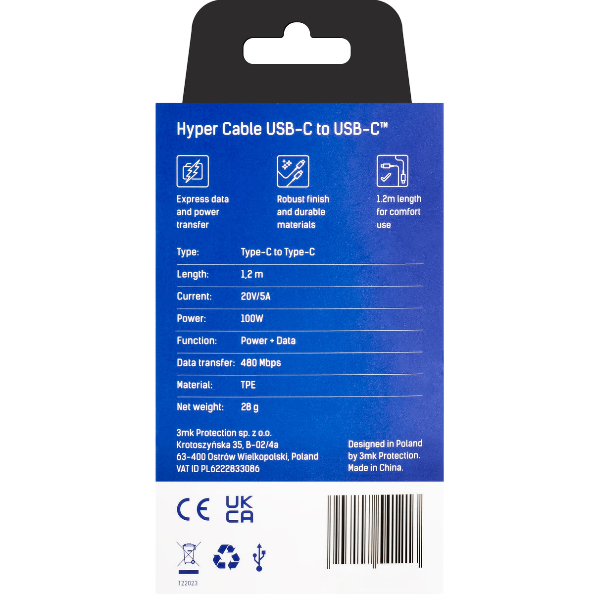 Cavo Dati e Ricarica USB-C - USB-C 3MK Hyper, 100W, 1.2m, Nero