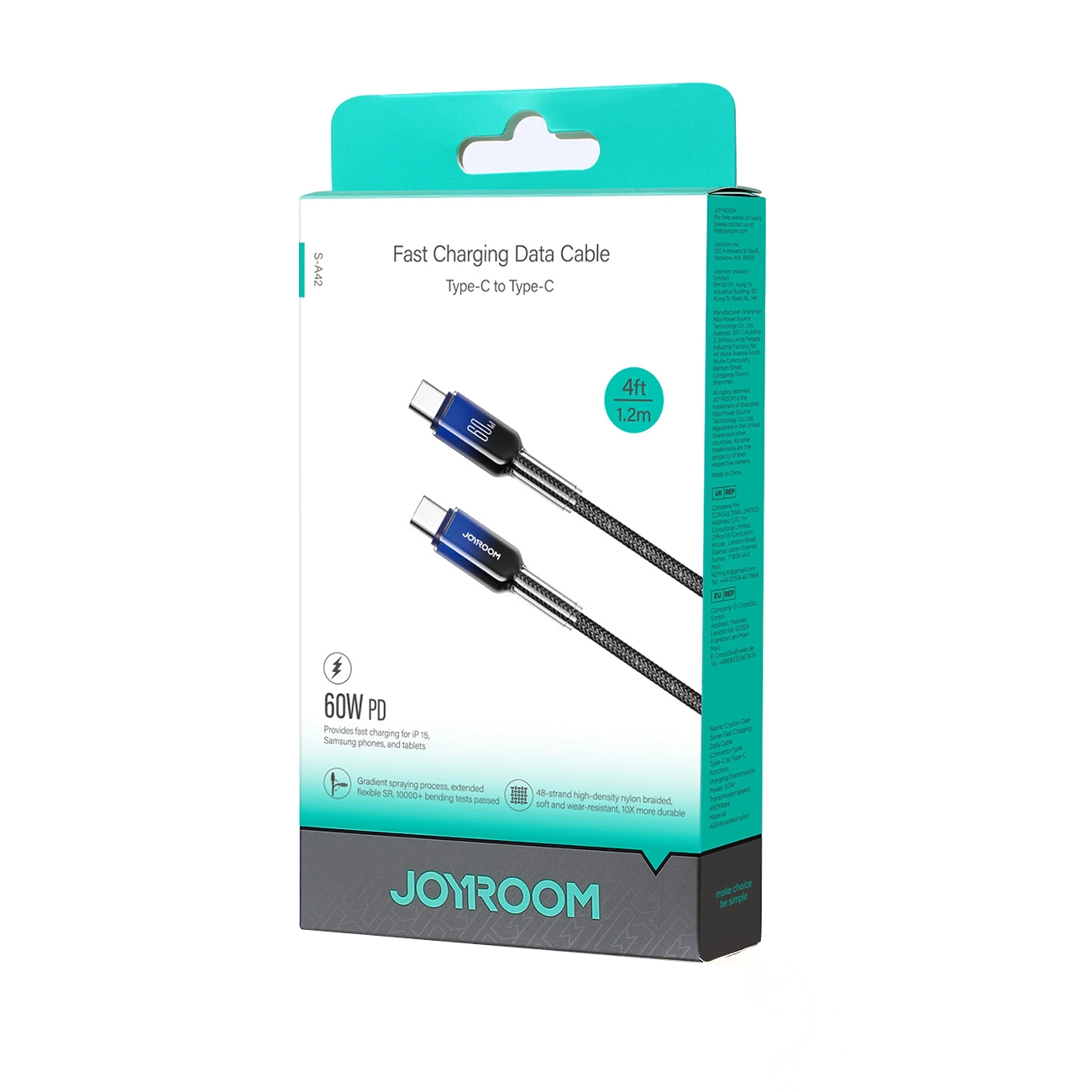 Cavo Dati e Ricarica USB-C - USB-C Joyroom S-A42, 60W, 1.2m, Nero