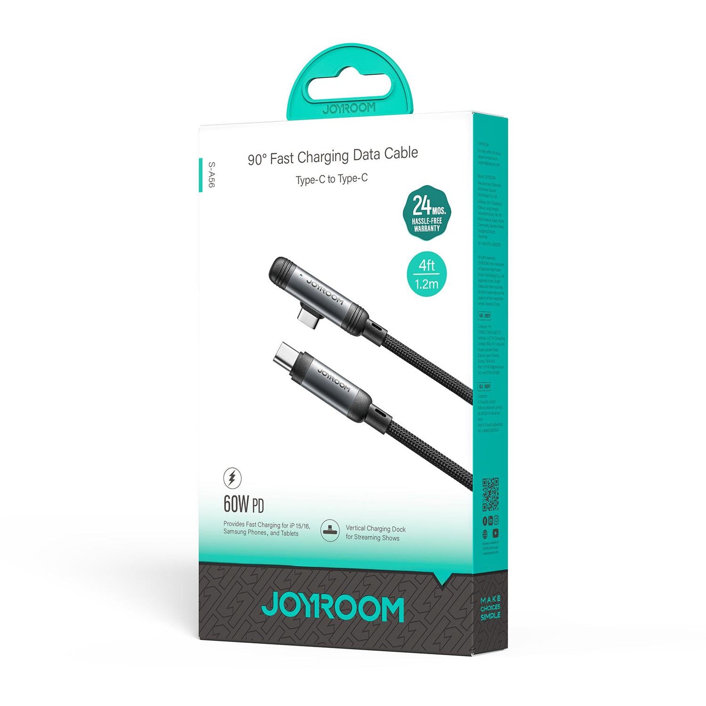 Cavo Dati e Ricarica USB-C - USB-C Joyroom S-A56 EnjoyX Angled, 60W, 1.2m, Nero