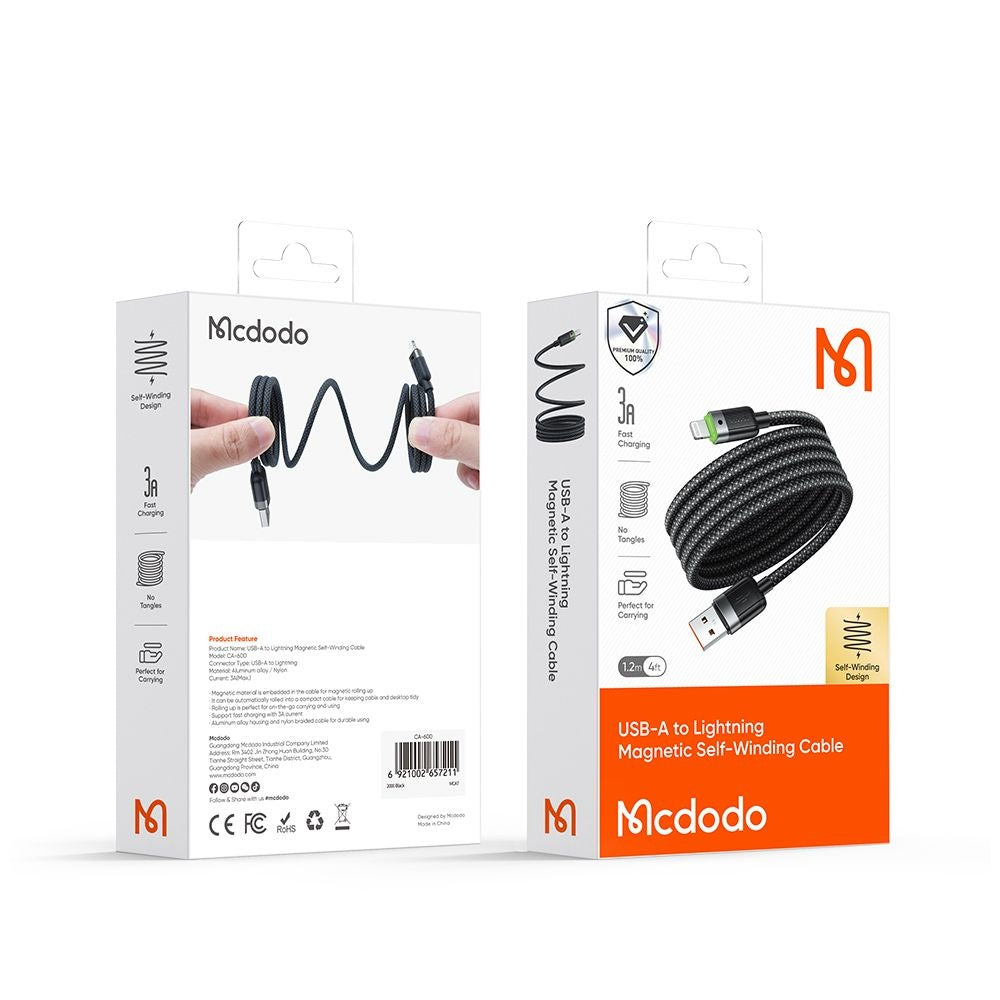 USB-A to Lightning McDodo CA-6000 Self Winding Data and Charging Cable, 18W, 1.2m, Black