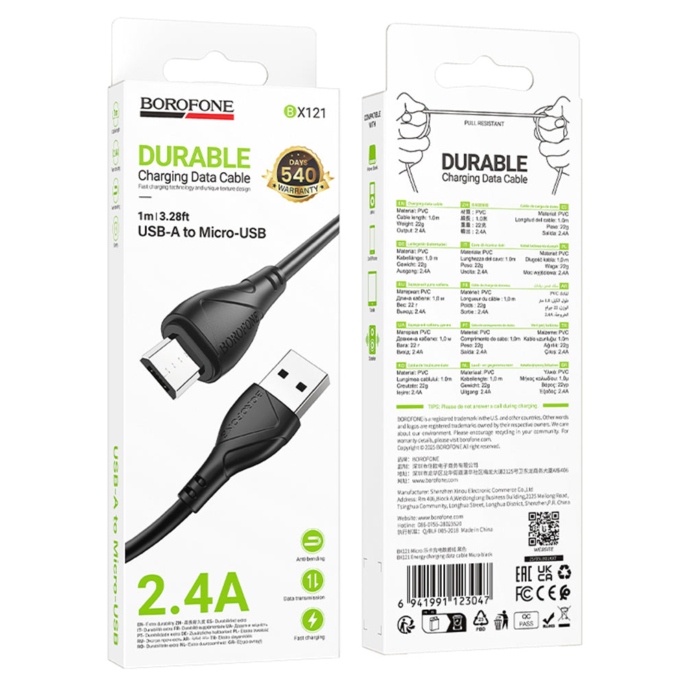 Cavo Dati e Ricarica USB-A - microUSB Borofone BX121 Energy, 18W, 1m, Nero