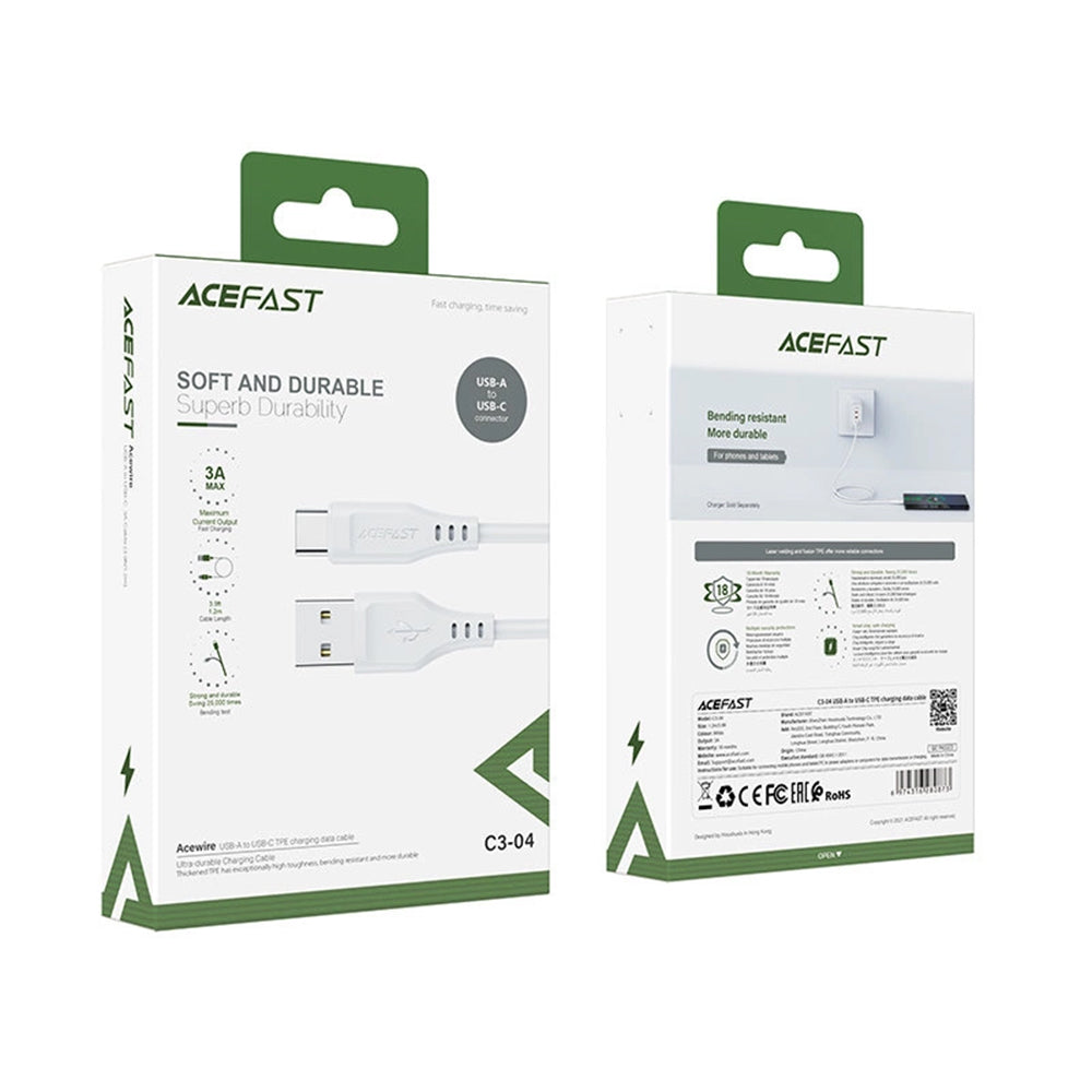 USB-A to USB-C Data and Charging Cable Acefast C3-03, 60W, 1.2m, White
