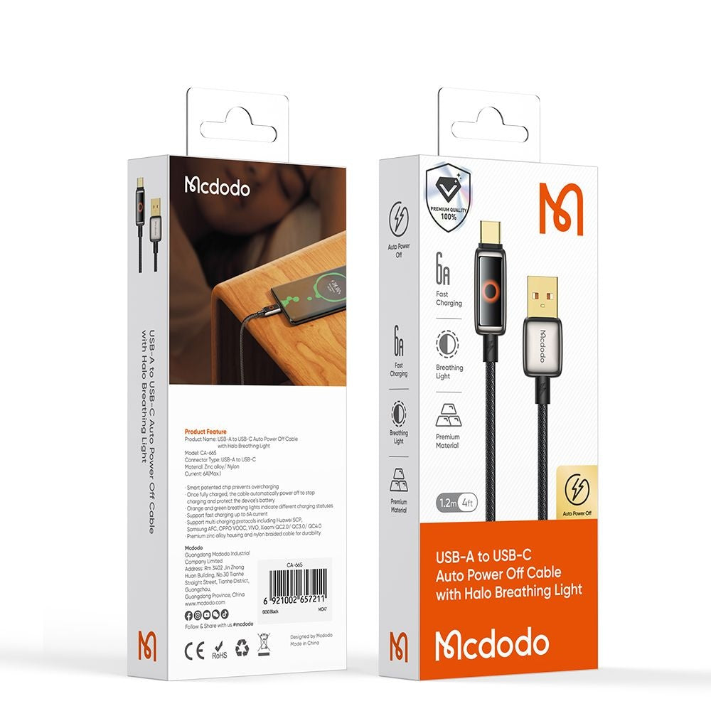 USB-A to USB-C McDodo CA-6650 Data and Charging Cable, Auto Power Off, 100W, 1.2m, Black
