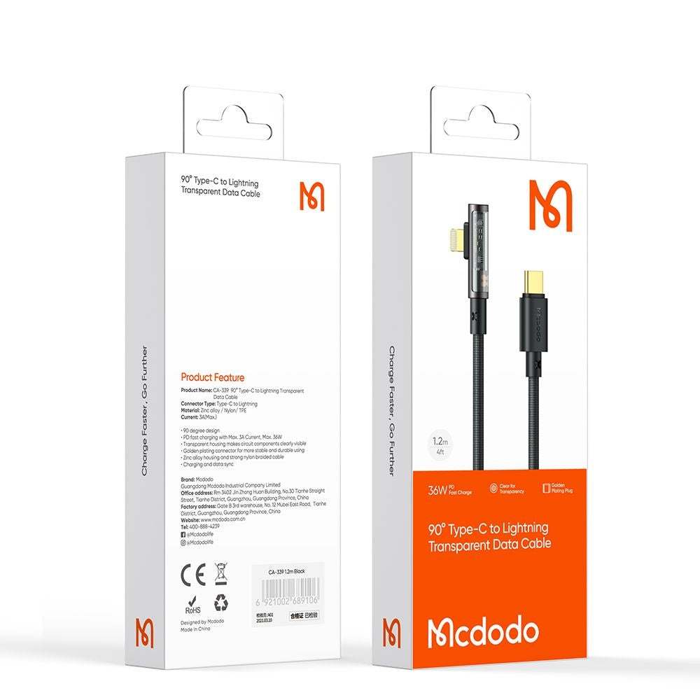Cavo Dati e Ricarica USB-C - Lightning McDodo CA-3390 Angled, 36W, 1.2m, Nero