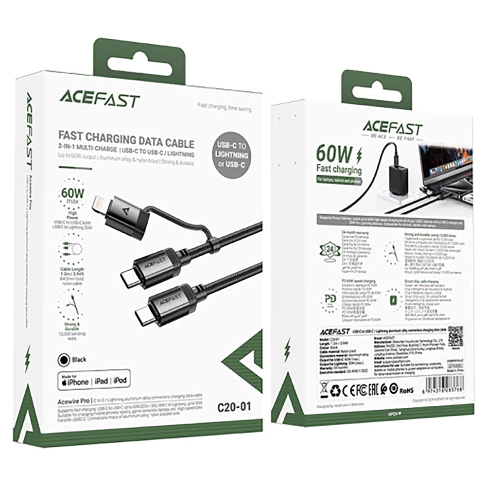 Cavo Dati e Ricarica USB-C - Lightning / USB-C Acefast C20-01, 60W, 1.2m, Nero