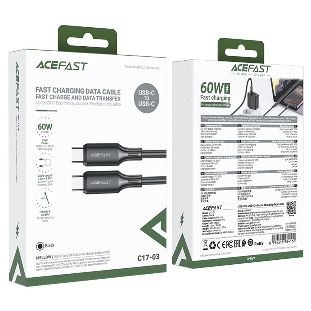 Cavo Dati e Ricarica USB-C - USB-C Acefast C17-03, 60W, 1.2m, Nero