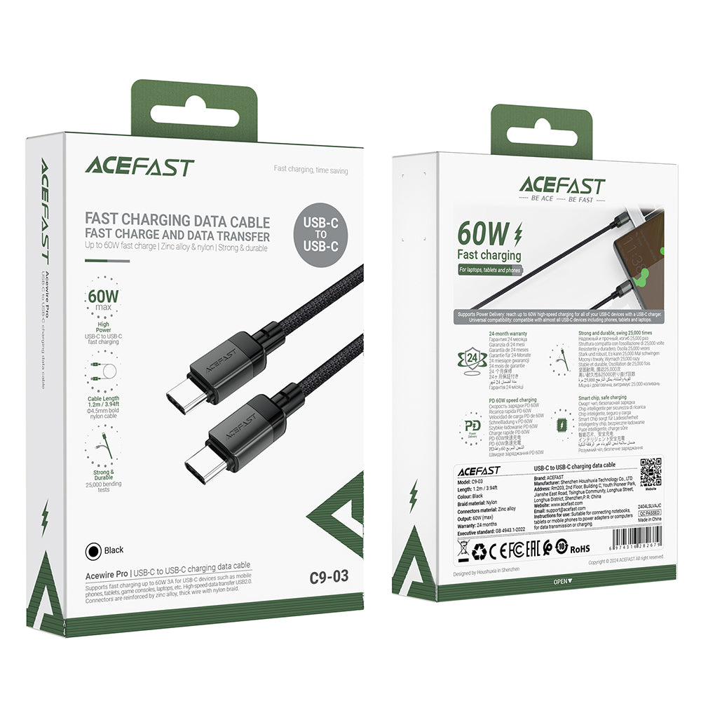 Cavo Dati e Ricarica USB-C - USB-C Acefast C9-03, 60W, 1.2m, Nero