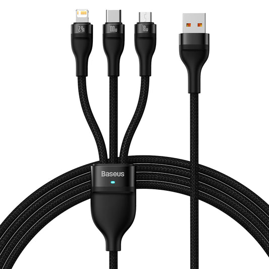 Cavo di Ricarica USB-A - Lightning / microUSB / USB-C Baseus Flash Series II 3in1, 100W, 1.2m, Nero CASS030001
