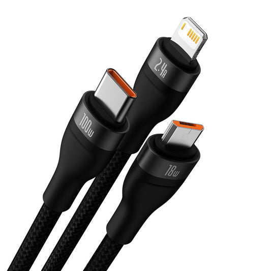 Cavo di Ricarica USB-A - Lightning / microUSB / USB-C Baseus Flash Series II 3in1, 100W, 1.2m, Nero CASS030001