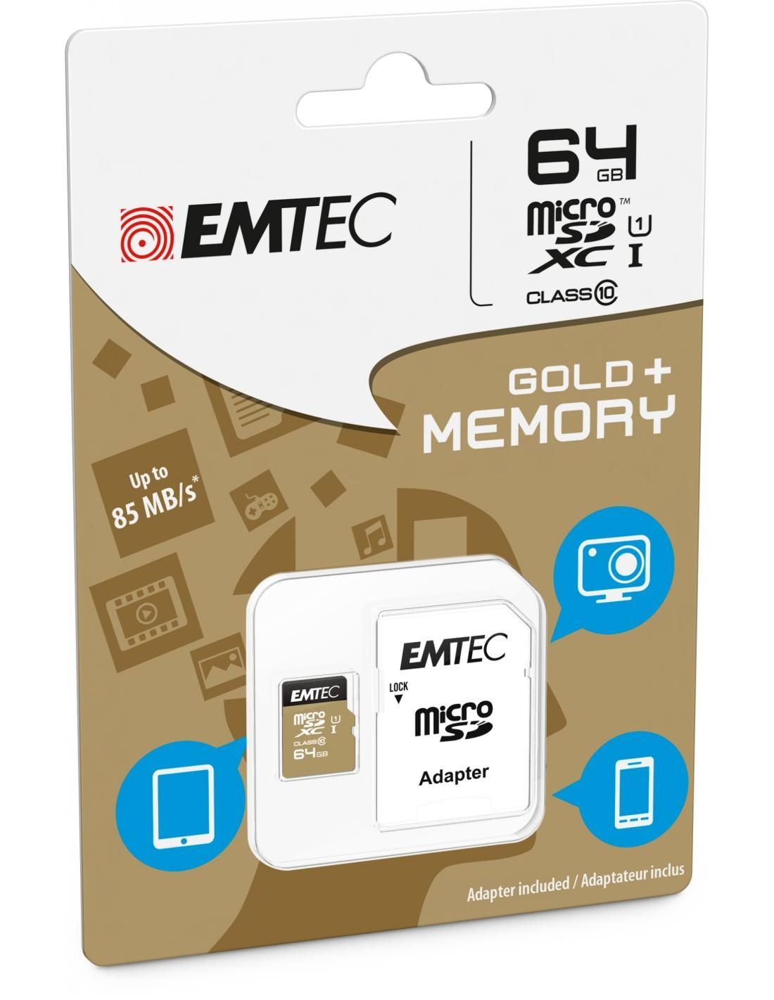 Scheda di Memoria microSDXC Emtec Gold+, 64Gb, Classe 10 / UHS-1 U1, Con Adattatore ECMSDM64GXC10GP
