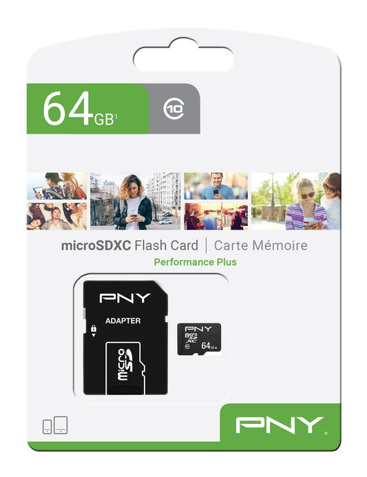 Scheda di Memoria microSDXC PNY Performance Plus, 64Gb, Classe 10, Con Adattatore P-SDU64G10PPL-GE