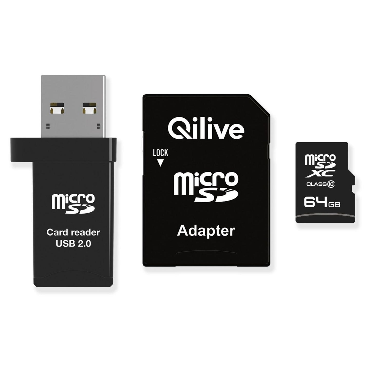 Scheda di Memoria microSDXC Qilive, 64Gb, Classe 10, Con Lettore di Schede e Adattatore EKMSDM64GXC10QL