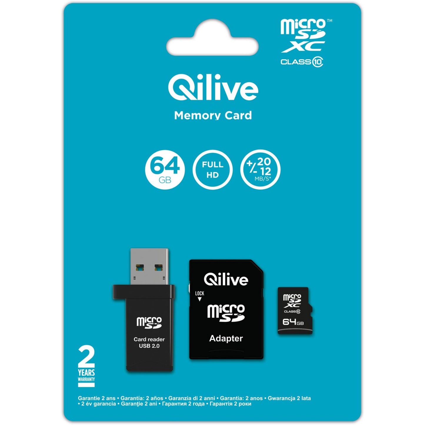 Scheda di Memoria microSDXC Qilive, 64Gb, Classe 10, Con Lettore di Schede e Adattatore EKMSDM64GXC10QL