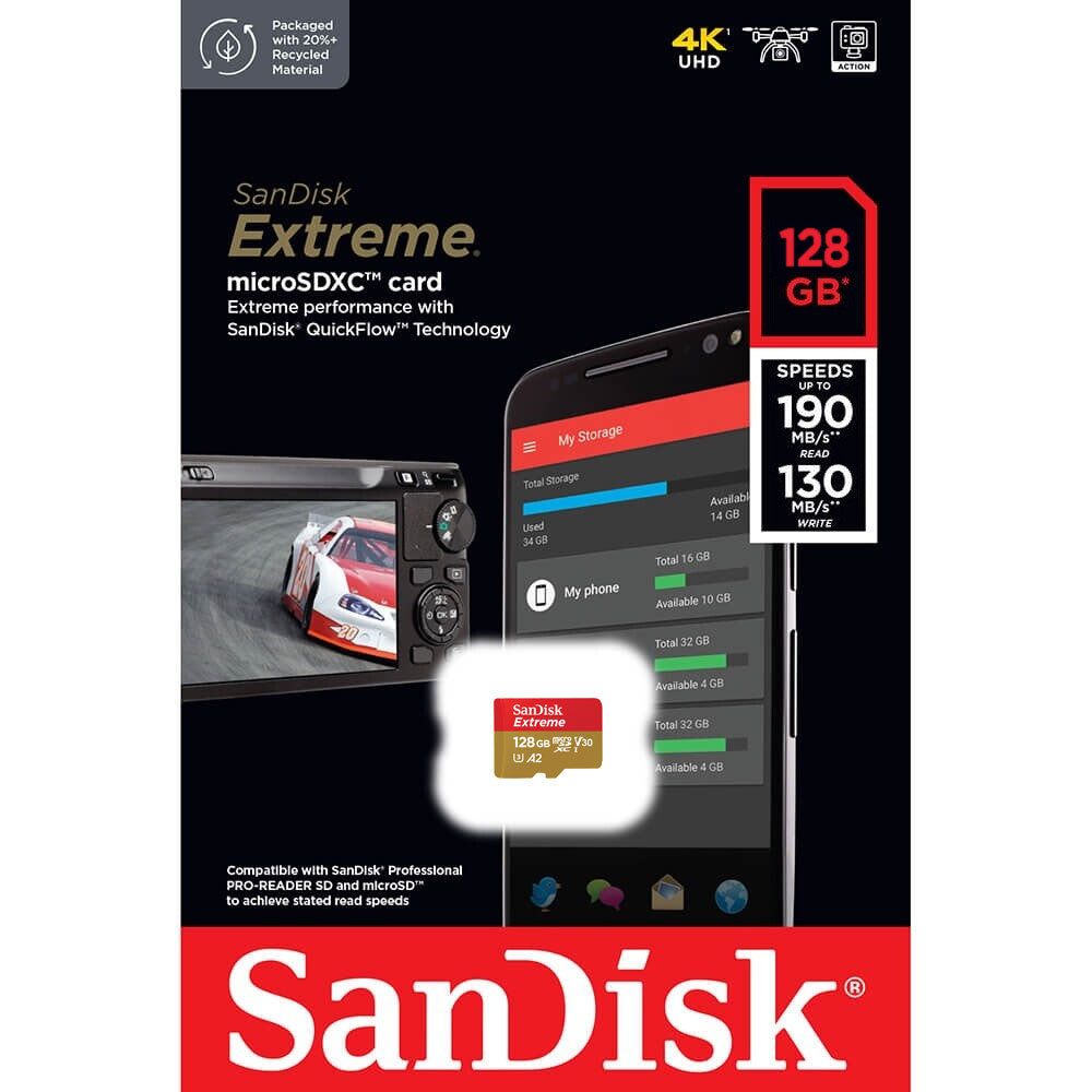 Scheda di memoria SanDisk Extreme microSDXC, 128 Gb, Classe 10 / UHS-1 U3 SDSQXAA-128G-GN6MN