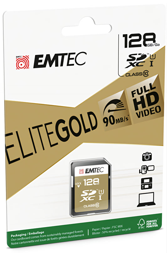Scheda di Memoria SDXC Emtec Elite Gold, 128Gb, Classe 10 / UHS-1 U1 ECMSD128GXC10GP