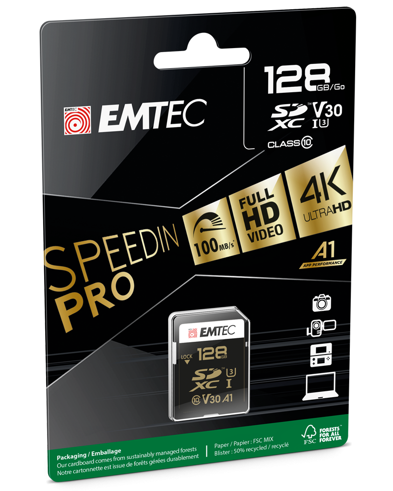 Scheda di Memoria SDXC Emtec SpeedIn Pro, 128Gb, Classe 10 / UHS-1 U3 ECMSD128GXC10SP
