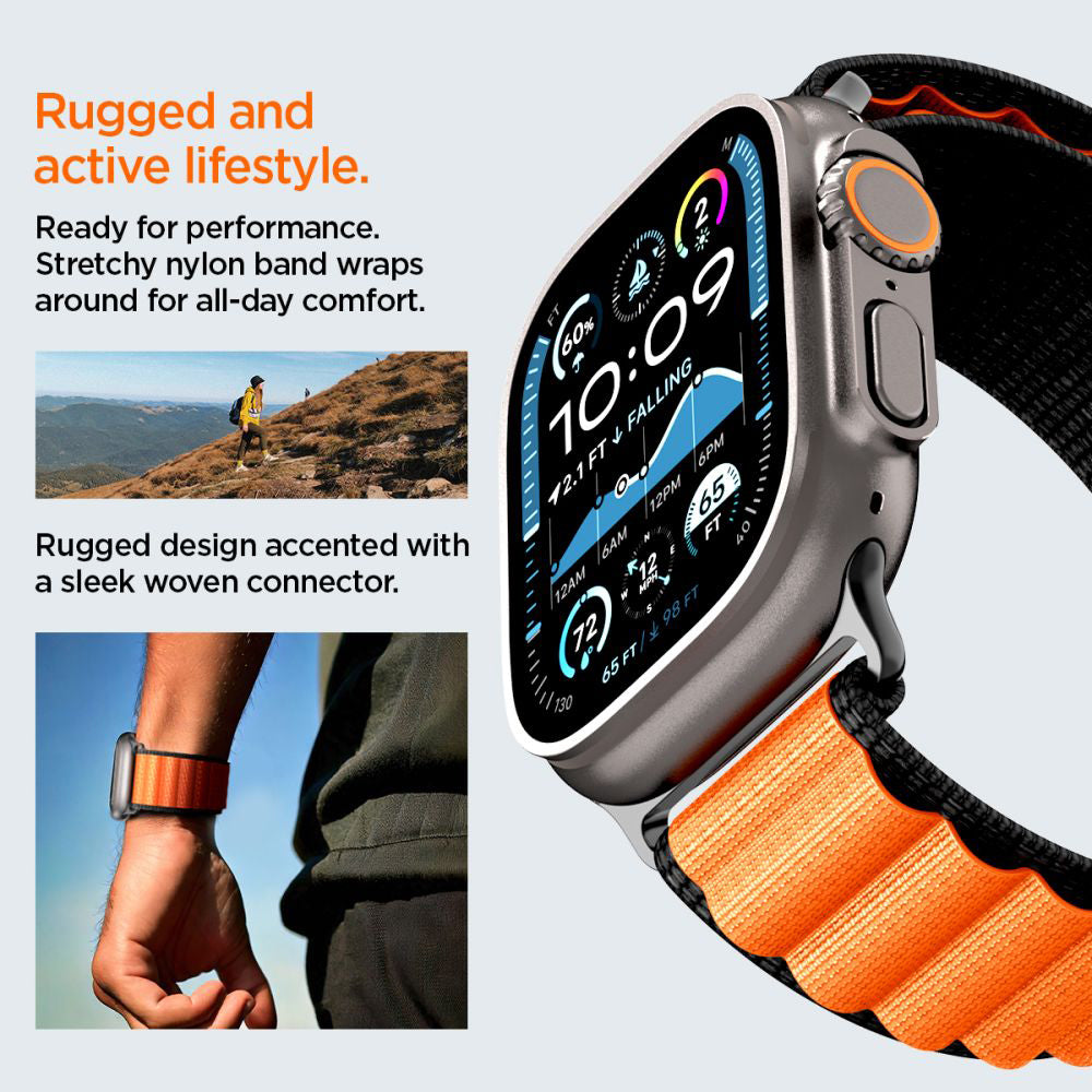 Cinturino Spigen WBF1 per Apple Watch 49mm / 46mm / 45mm / 44mm Series, Nero Arancione AMP10145