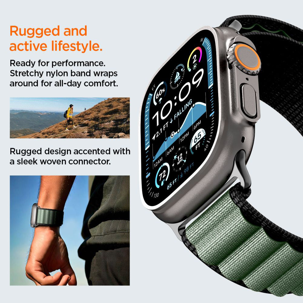 Cinturino Spigen WBF1 per Apple Watch 49mm / 46mm / 45mm / 44mm Series, Nero Verde AMP10223