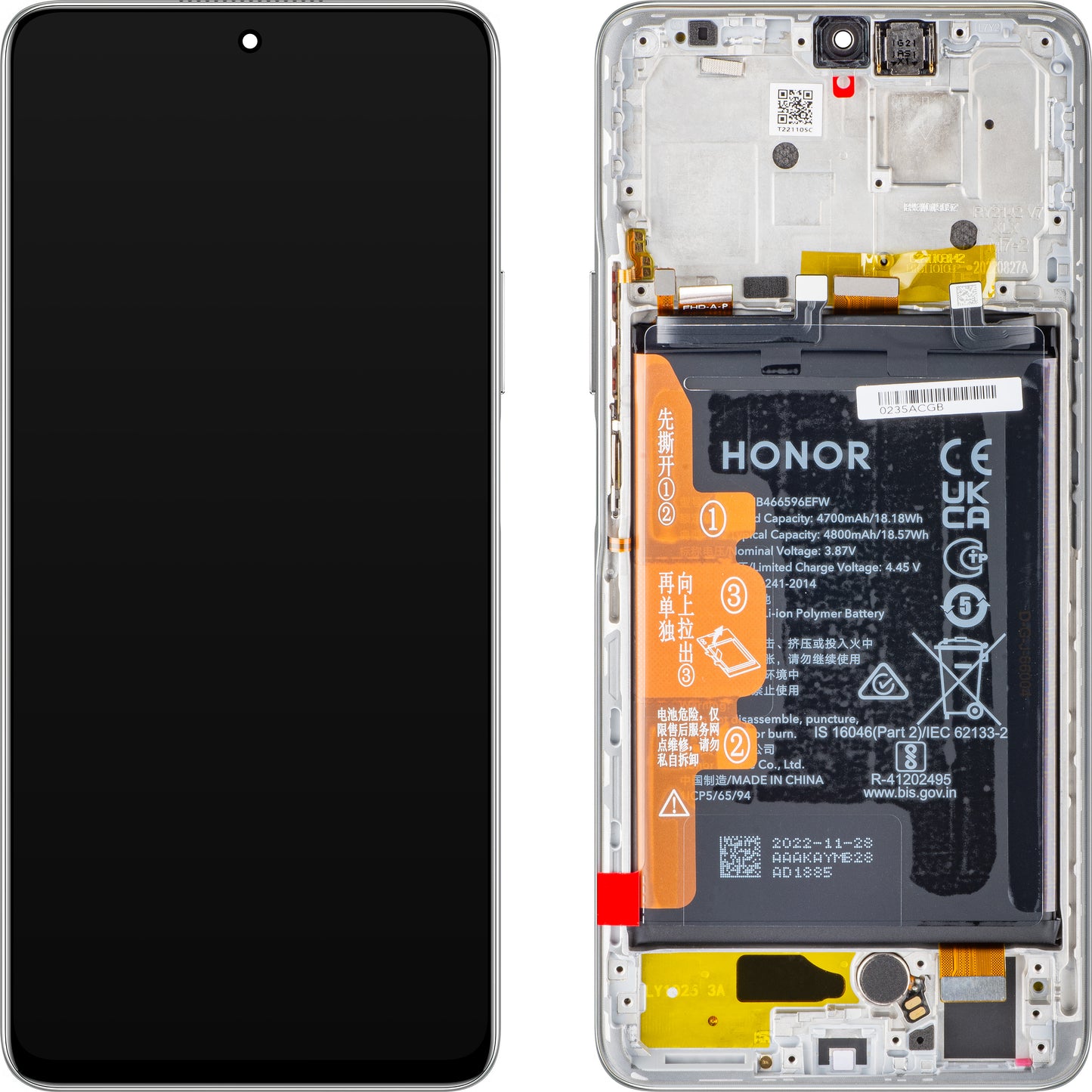 Display touchscreen Touchscreen Honor Magic4 Lite, con cornice e batteria, argento titanio, Service Pack 0235ABSS