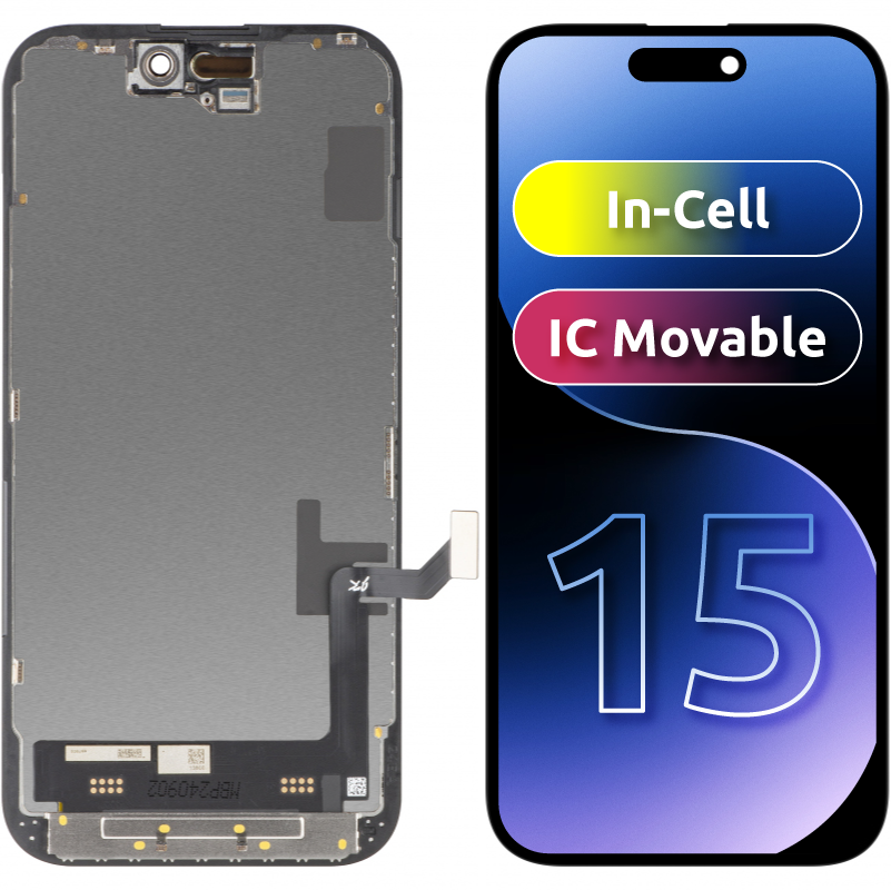 Display touchscreen JK per Apple iPhone 15, con cornice, versione In-Cell LCD, nero