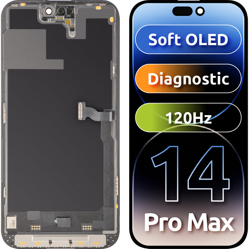 MP Touchscreen Display compatible with Apple iPhone 14 Pro, with Frame, Soft OLED 120Hz FHD Diagnostic Version, Black, Swap