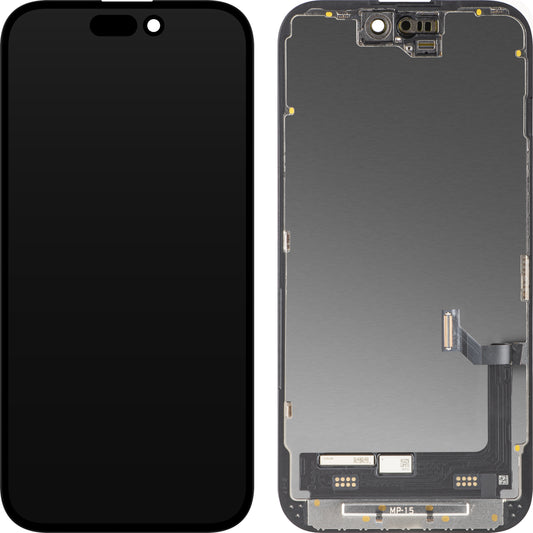 Display con Touchscreen MP compatibile con Apple iPhone 15, con Cornice, Versione Premium Soft OLED FHD 120Hz Diagnostico, Nero