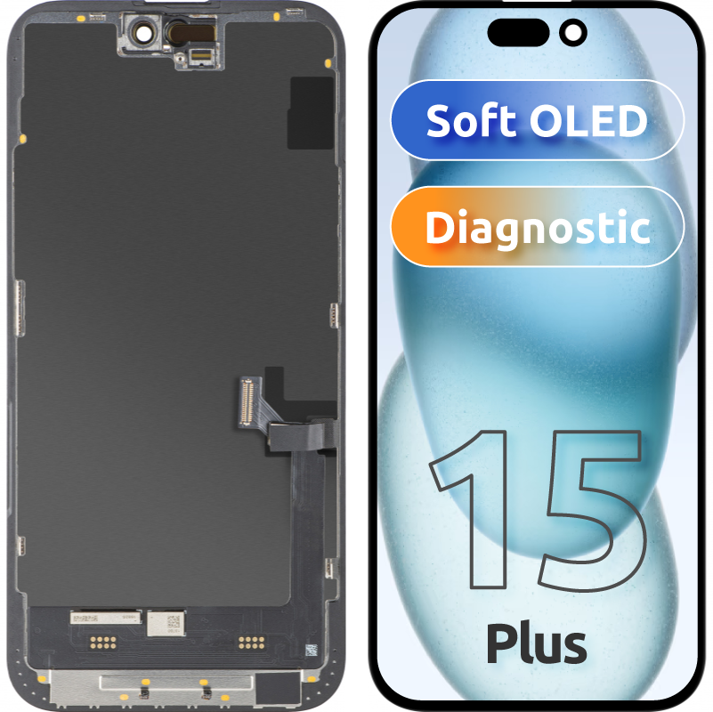Display con Touchscreen MP compatibile con Apple iPhone 15 Plus, con Cornice, Versione Soft OLED FHD Diagnostic, Nero