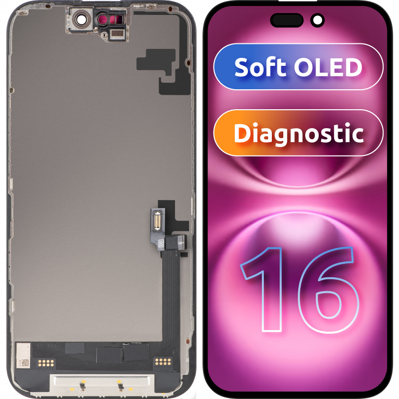 Display con Touchscreen MP compatibile con Apple iPhone 16, con Cornice, Versione Soft OLED FHD Diagnostic, Nero