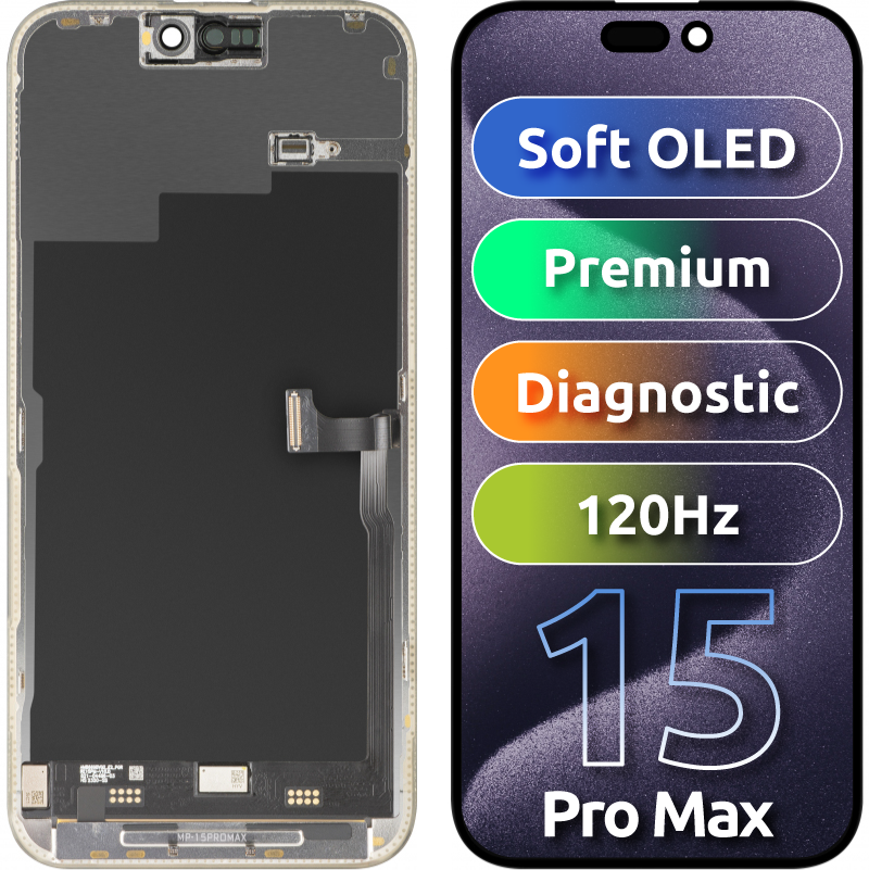 Display con Touchscreen MP compatibile con Apple iPhone 15 Pro Max, con Cornice, Versione Premium Soft OLED FHD 120Hz Diagnostico, Nero