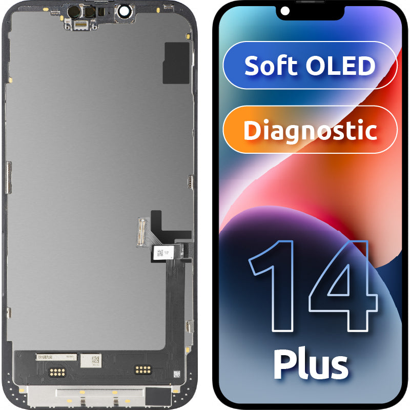 Display con Touchscreen MP compatibile con Apple iPhone 14 Plus, con Cornice, Versione Soft OLED FHD Diagnostic, Nero