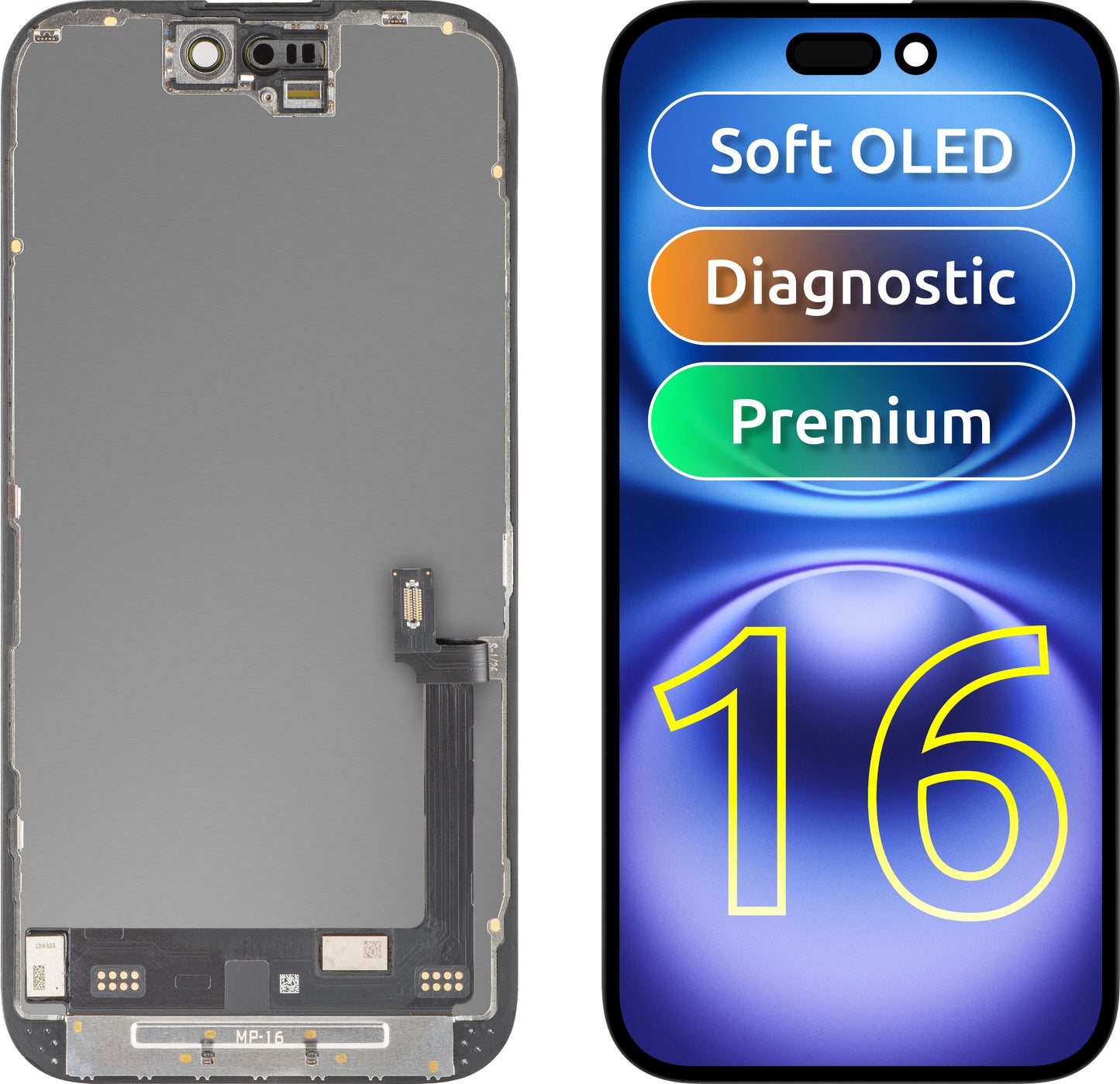 Display con Touchscreen MP compatibile con Apple iPhone 16, con Cornice, Versione Premium Soft OLED FHD Diagnostico, Nero