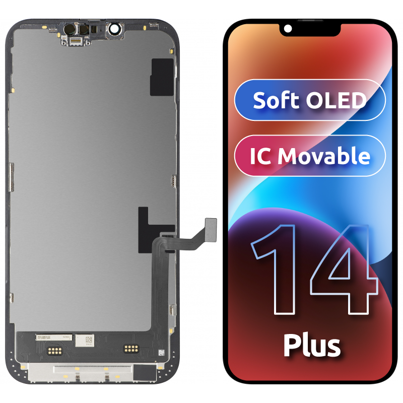 MP Touchscreen Display compatible with Apple iPhone 14 Plus, with Frame, Soft OLED FHD Movable IC Version, Black