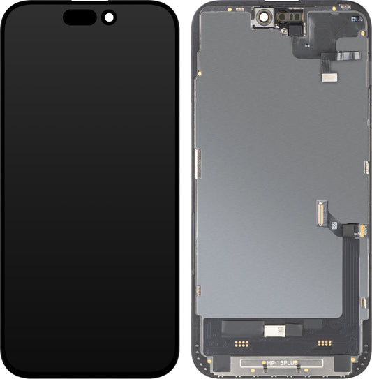 Display con Touchscreen e Sensore di Prossimità MP compatibile con Apple iPhone 15 Plus, con Cornice, Versione Software OLED FHD Diagnostica, Nero