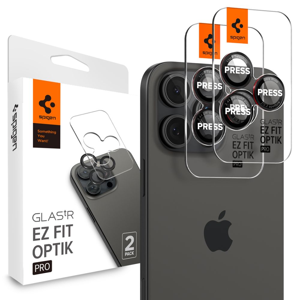 Spigen EZ FIT Pellicola protettiva per fotocamera posteriore per Apple iPhone 16 Pro Max / 16 Pro / 15 Pro Max, protezione del vetro, set 2 pezzi, nero AGL05217