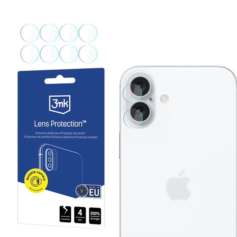 Pellicola protettiva per fotocamera posteriore 3MK Protection per Apple iPhone 16, Vetro Flessibile, Set da 4 pezzi, Trasparente