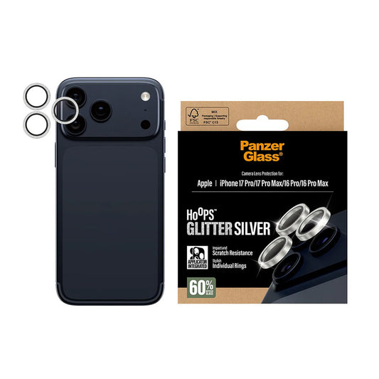 Pellicola protettiva per fotocamera posteriore PanzerGlass Hoops Glitter per Apple iPhone 17 Pro Max / 17 Pro / 16 Pro Max / 16 Pro, Vetro Temperato, Argento