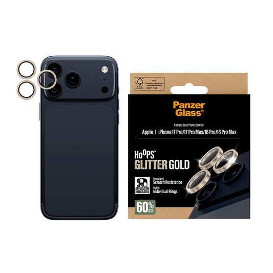 Pellicola protettiva per Fotocamera Posteriore PanzerGlass Hoops Glitter per Apple iPhone 17 Pro Max / 17 Pro / 16 Pro Max / 16 Pro, Vetro Temperato, Dorata
