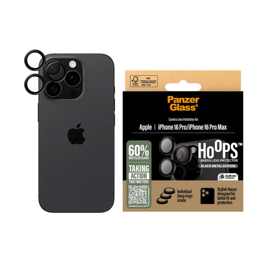 Pellicola protettiva per Fotocamera Posteriore PanzerGlass Hoops per Apple iPhone 16 Pro Max / 16 Pro, Vetro Temperato, Nero