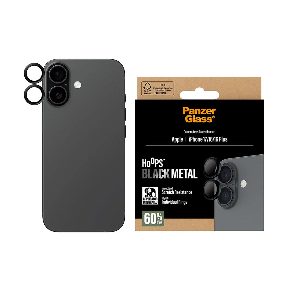 Back Camera Protection Film PanzerGlass Hoops for Apple iPhone 17 / 16 Plus / 16, Tempered Glass, Black