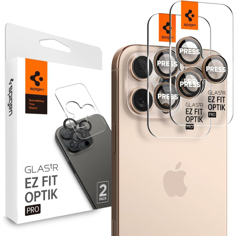 Pellicola protettiva per Fotocamera Posteriore Spigen GlastR EZ FIT Optik Pro per Apple iPhone 16 Pro, Vetro Temperato, Set 2 pezzi, Bronzo AGL08862