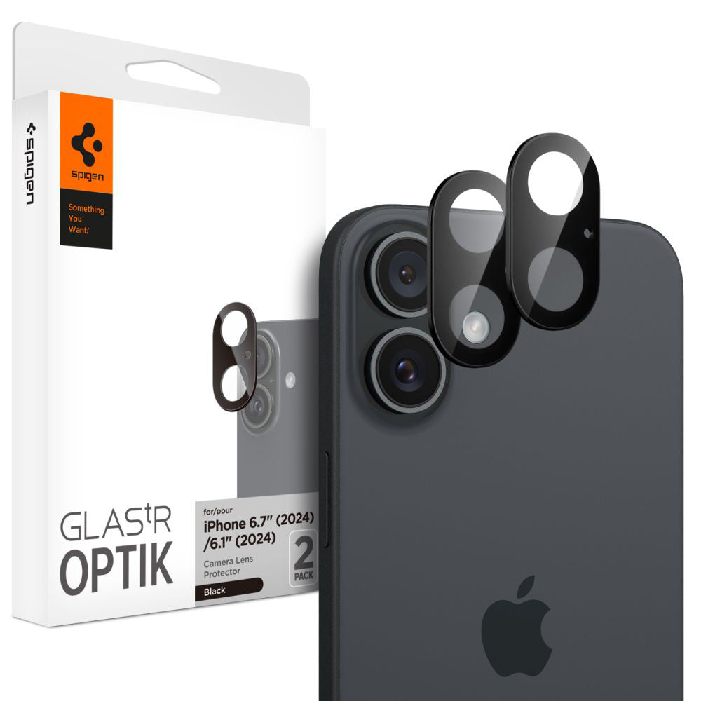 Pellicola Protettiva Posteriore per Fotocamera Spigen GlastR Optik per Apple iPhone 16 Plus / 16, Vetro Temperato, Set 2 pezzi, Nero AGL07922