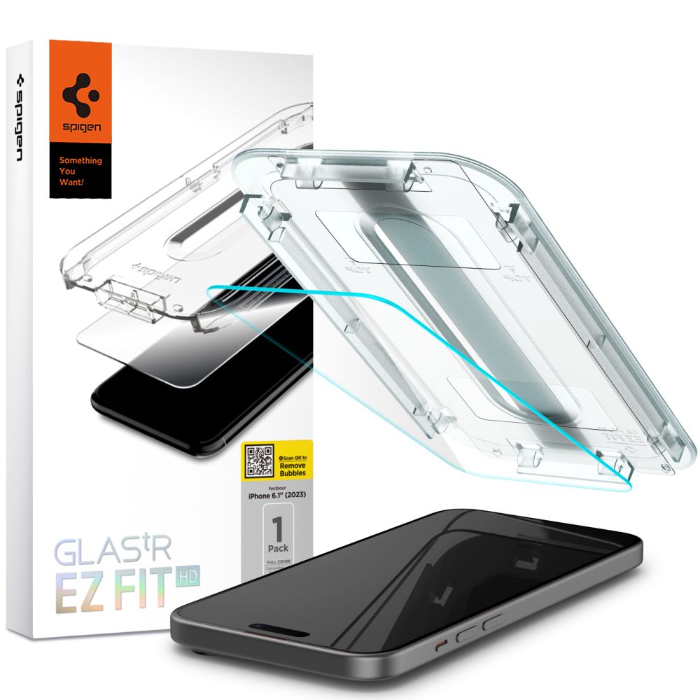 Pellicola Protettiva Schermo Spigen GlastR EZ FIT HD per Apple iPhone 15, Vetro Temperato, Full Glue, 2.5D AGL06907