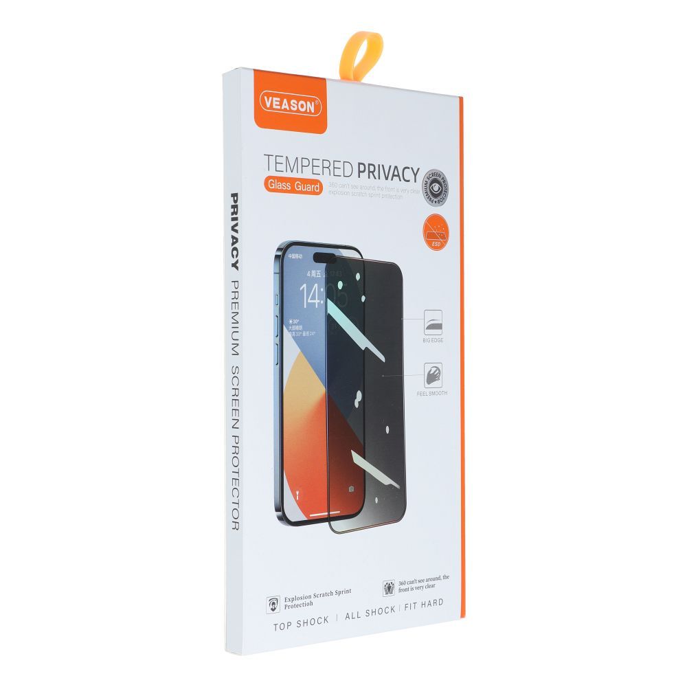 Schermo protettivo Privacy Veason Screen Protector per Apple iPhone 15 Pro, vetro protetto, colla completa, 6D