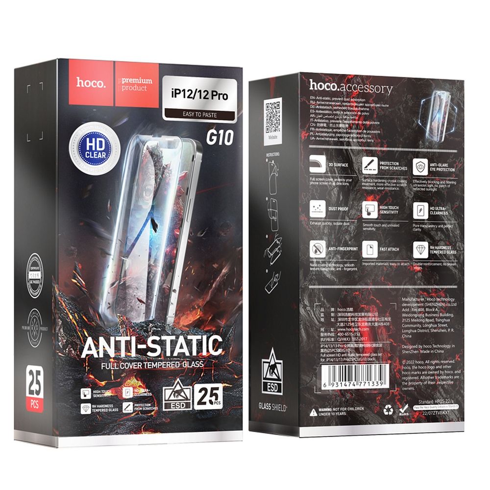 Pellicola protettiva per schermo HOCO per Apple iPhone 12 Pro Max, Vetro Temperato, Full Glue, Set 25 pezzi, Nera