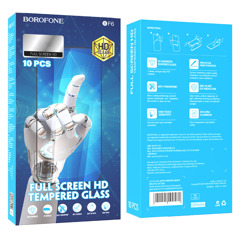 Screen protector Borofone BF6 Diamond Armor for Apple iPhone 16 Pro Max, Glass Shielded, Full Glue, Set of 10 pieces, Black