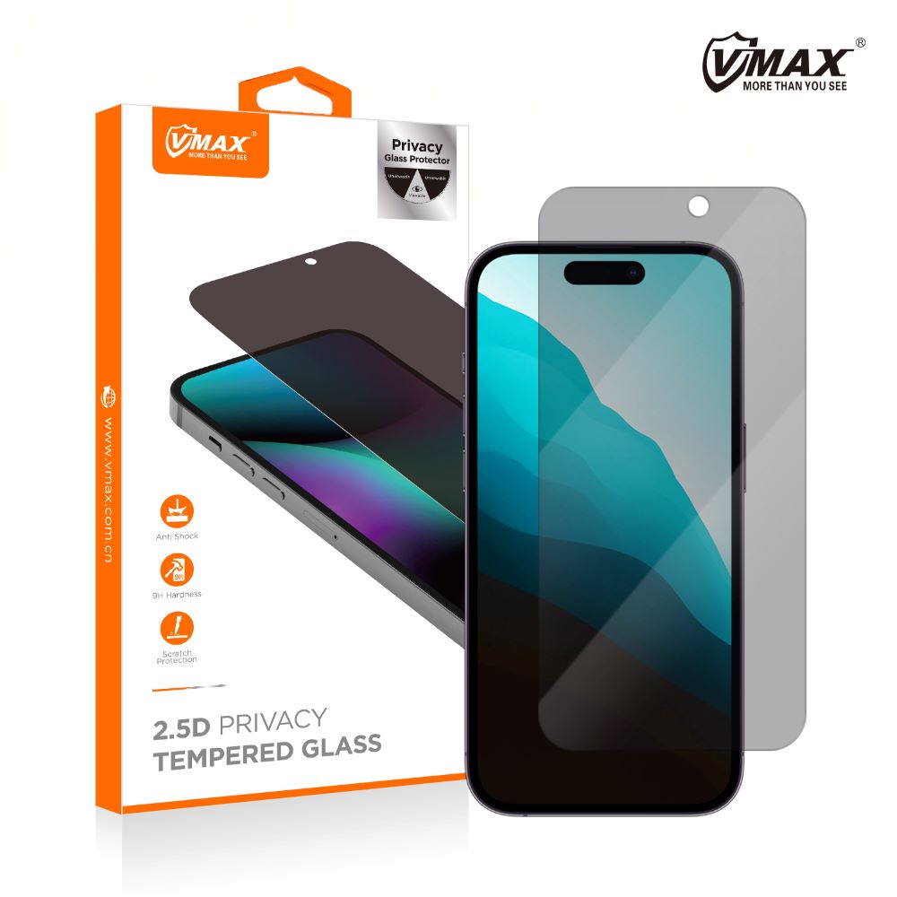 Pellicola protettiva per schermo Privacy Vmax per Apple iPhone 16 Pro Max, Vetro temperato, Full Glue, 2.5D