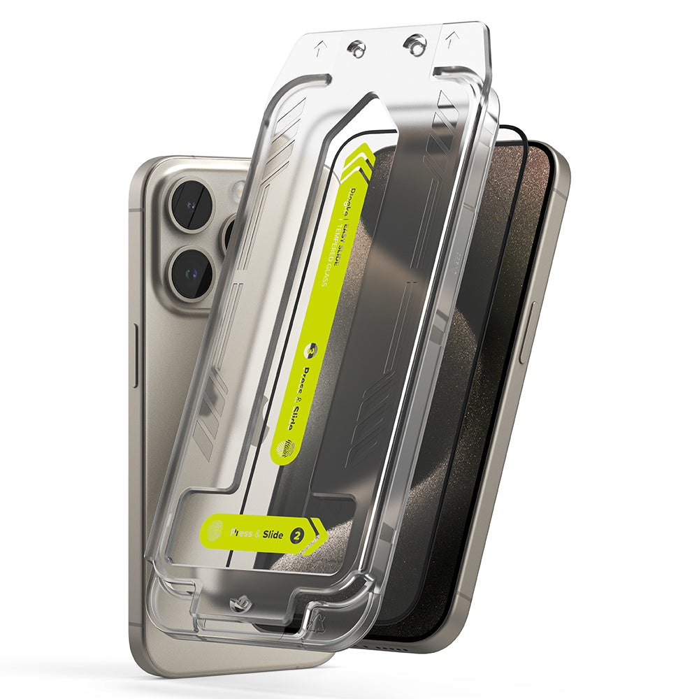 Pellicola protettiva Schermo Ringke Easy Slide per Apple iPhone 15 Pro Max, Vetro Temperato, Full Glue, Set 2 pezzi, Nera